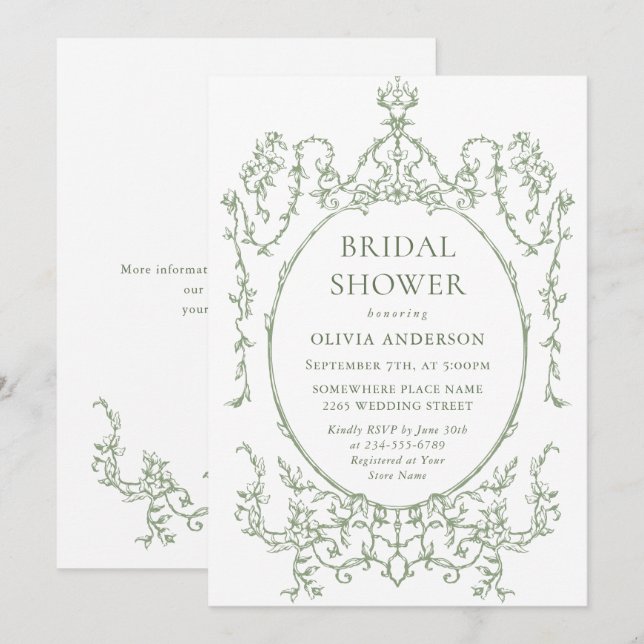 Victorian Ornate Floral Sage Green Bridal Shower Invitation (Front/Back)