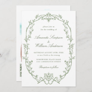 Victorian Ornate Floral Sage Green QR code Wedding Invitation