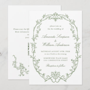 Victorian Ornate Floral Sage Green QR code Wedding Invitation