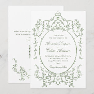 Victorian Ornate Floral Sage Green QR code Wedding Invitation