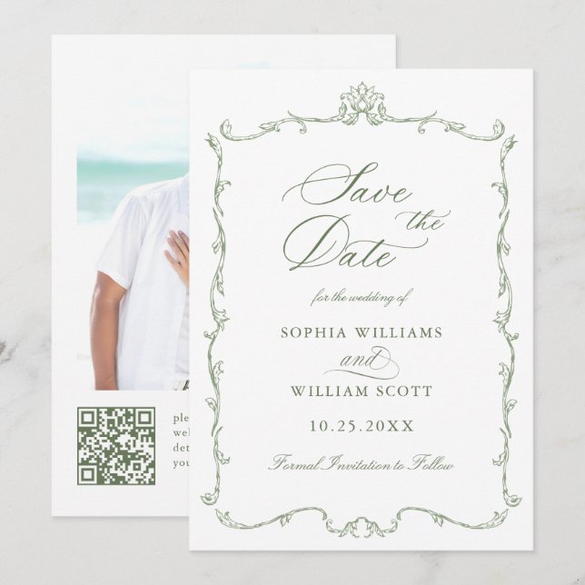 Victorian Ornate Floral Sage Green Wedding Photo Save The Date (Front/Back)
