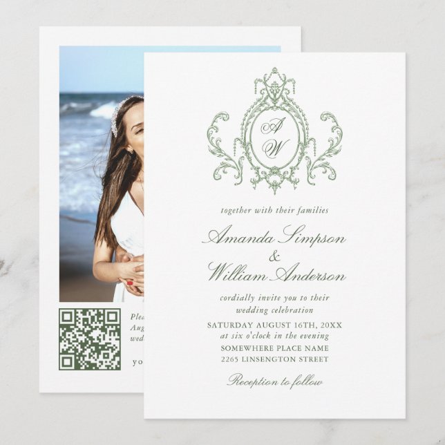 Victorian Ornate Floral Sage Green Wedding QR code Invitation (Front/Back)