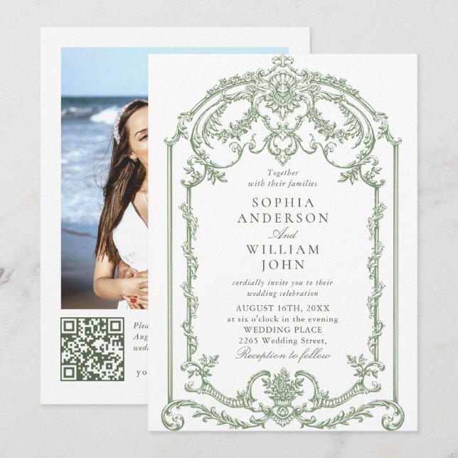 Victorian Ornate Floral Sage Green Wedding QR code Invitation (Front/Back)