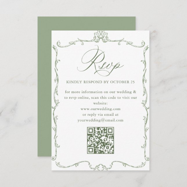 Victorian Ornate Floral Sage Green Wedding QR code RSVP Card (Front/Back)