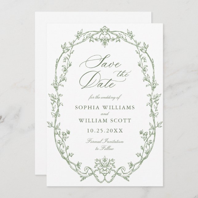 Victorian Ornate Floral Sage Green Wedding QR code Save The Date (Front/Back)