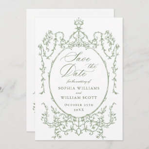 Victorian Ornate Floral Sage Green Wedding QR code Save The Date