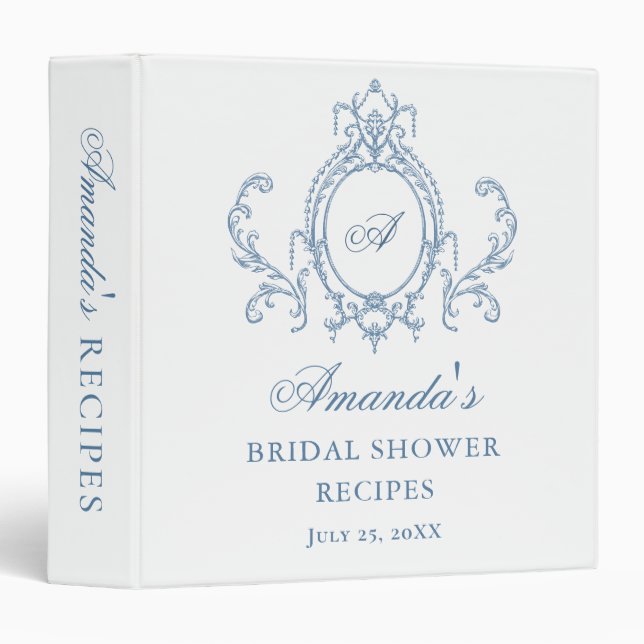 Victorian Ornate Grace Blue Bridal Shower Recipe Binder (Front/Spine)
