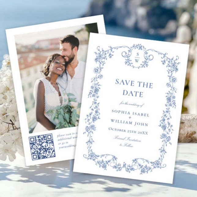 Victorian Ornate Grace Blue Floral QR code Wedding Save The Date (Creator Uploaded)