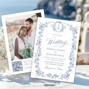 Victorian Ornate Grace Blue Floral Wedding QR code Invitation
