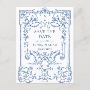 Victorian Ornate Grace Blue Wedding Save The Date Postcard