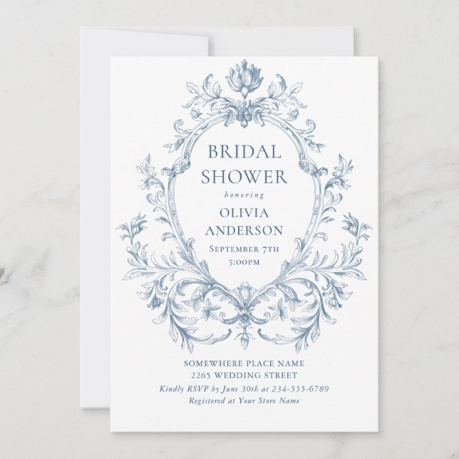 Victorian Ornate Grace Dusty Blue Bridal Shower Invitation (Front)