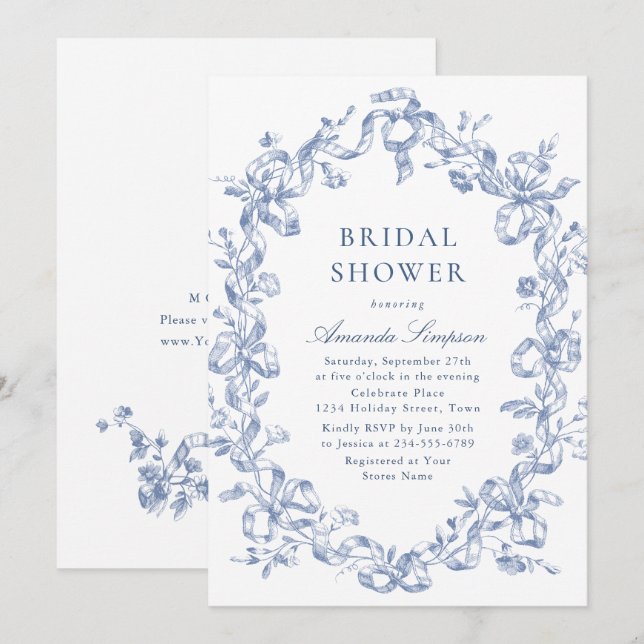 Victorian Ornate Grace Dusty Blue Bridal Shower Invitation (Front/Back)