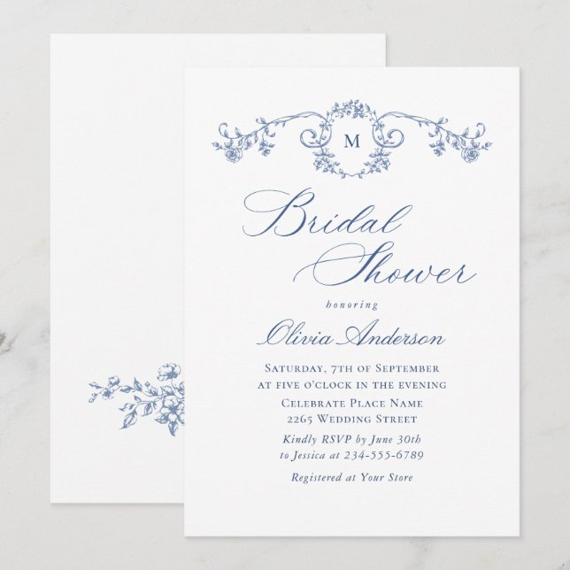Victorian Ornate Grace Dusty Blue Bridal Shower Invitation (Front/Back)