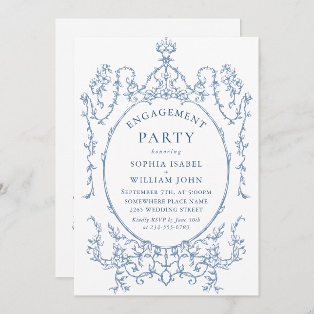 Victorian Ornate Grace Dusty Blue ENGAGEMENT PARTY Invitation (Front/Back)