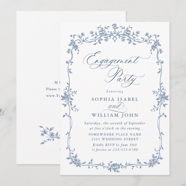 Victorian Ornate Grace Dusty Blue ENGAGEMENT PARTY Invitation (Front/Back)