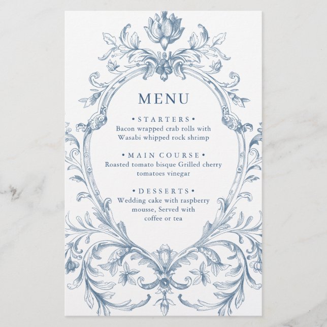 Victorian Ornate Grace Dusty Blue Menu Mariage (Devant)