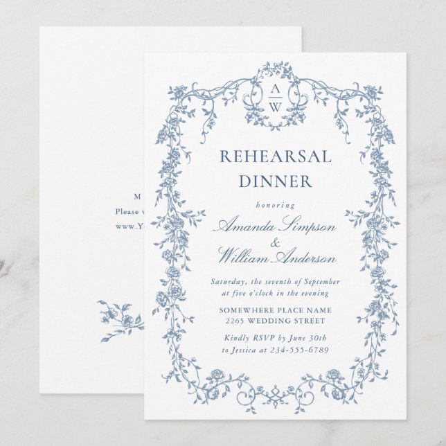 Victorian Ornate Grace Dusty Blue Rehearsal Dinner Invitation (Front/Back)