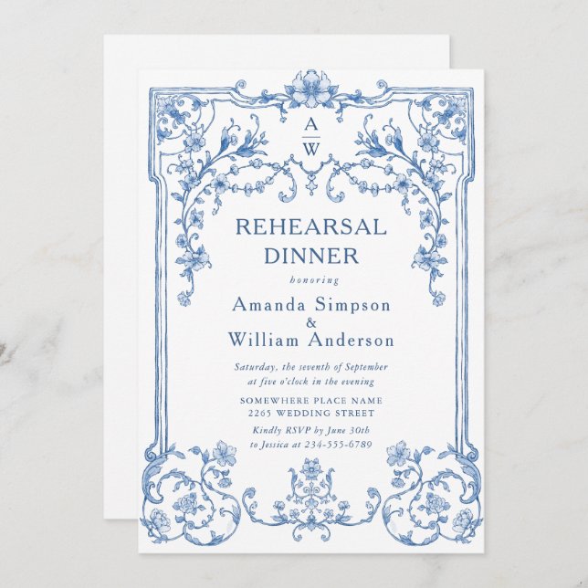 Victorian Ornate Grace Dusty Blue Rehearsal Dinner Invitation (Front/Back)