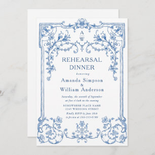 Victorian Ornate Grace Dusty Blue Rehearsal Dinner Invitation