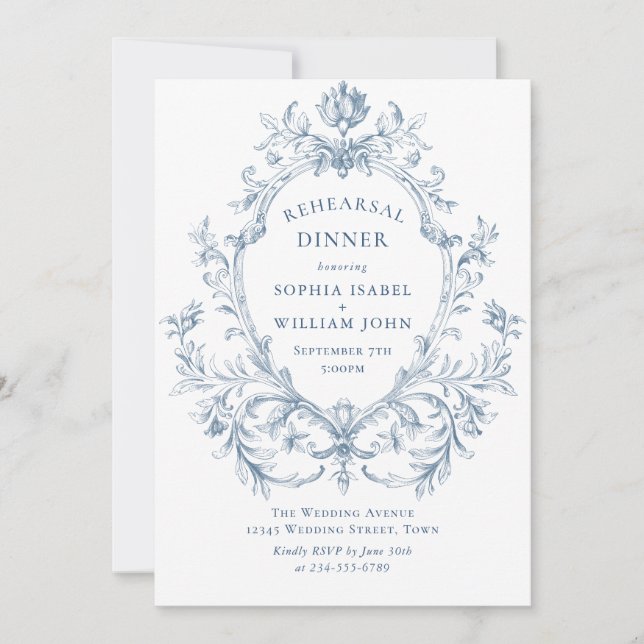 Victorian Ornate Grace Dusty Blue Rehearsal Dinner Invitation (Front)