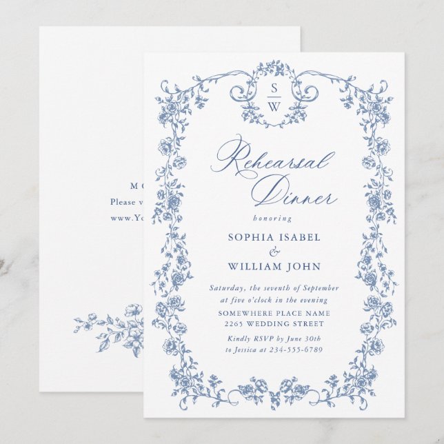 Victorian Ornate Grace Dusty Blue Rehearsal Dinner Invitation (Front/Back)