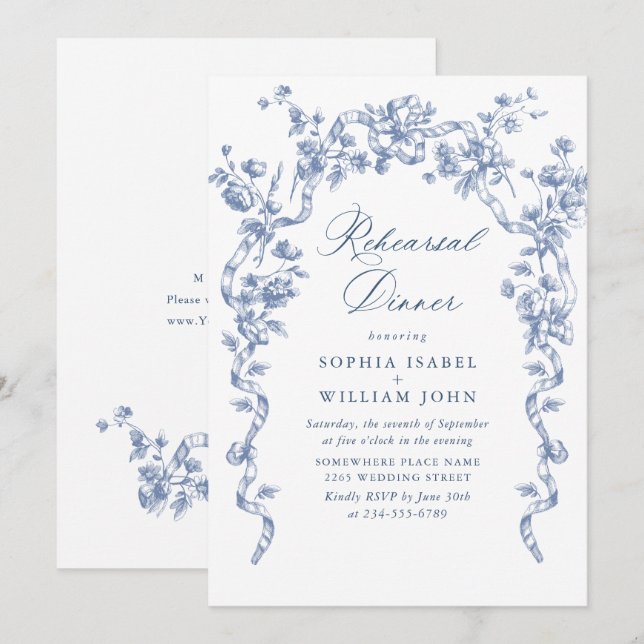 Victorian Ornate Grace Dusty Blue Rehearsal Dinner Invitation (Front/Back)