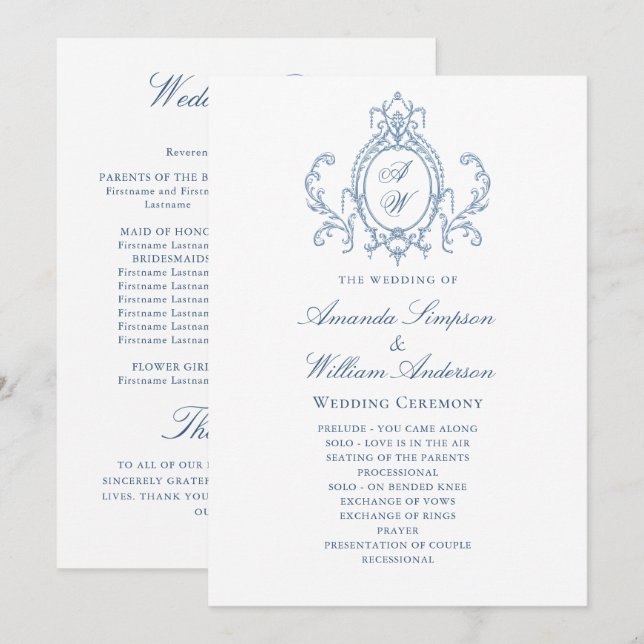 Victorian Ornate Grace Dusty Blue Wedding Ceremony Program (Front/Back)
