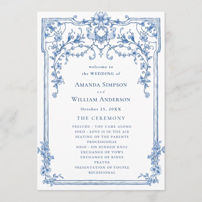 Victorian Ornate Grace Dusty Blue Wedding Ceremony Program (Front)