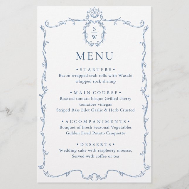 Victorian Ornate Grace Dusty Blue Wedding Menu (Front)