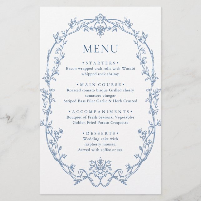 Victorian Ornate Grace Dusty Blue Wedding Menu (Front)