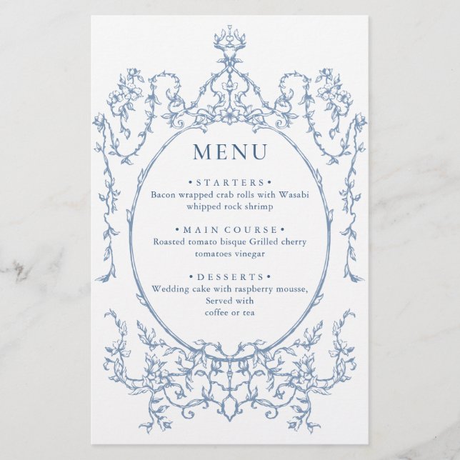 Victorian Ornate Grace Dusty Blue Wedding Menu (Front)