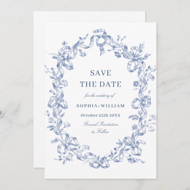 Victorian Ornate Grace Floral Blue Save the Date (Front/Back)