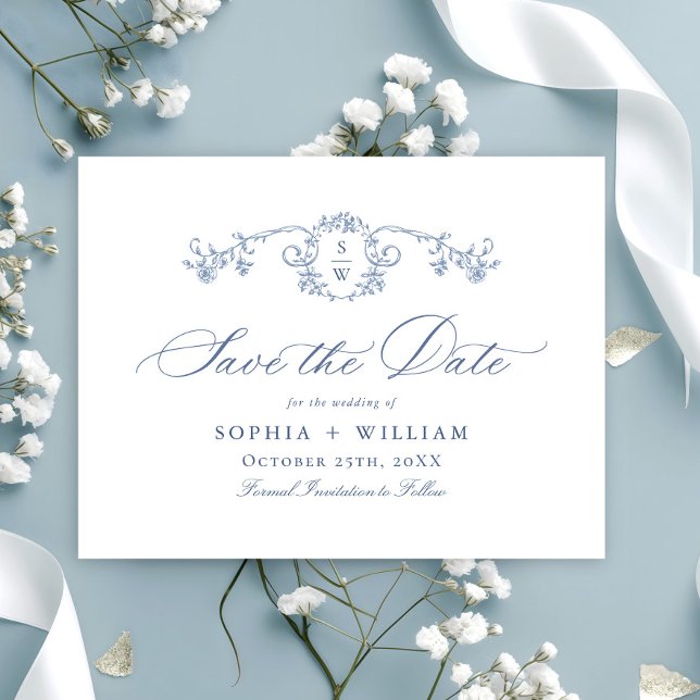 Victorian Ornate Grace Floral Blue Save the Date Postcard (Creator Uploaded)