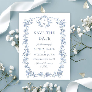 Victorian Ornate Grace Floral Blue Save the Date Postcard
