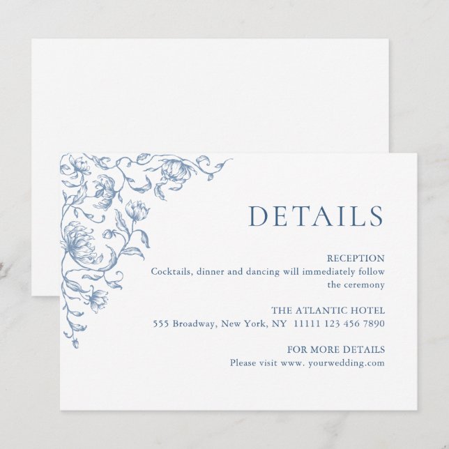 Victorian Ornate Grace Floral Blue Wedding Details Enclosure Card (Front/Back)