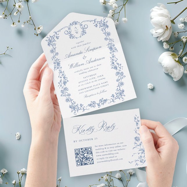 Victorian Ornate Grace Floral Dusty Blue Wedding All In One Invitation (Creator Uploaded)