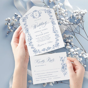 Victorian Ornate Grace Floral Dusty Blue Wedding All In One Invitation