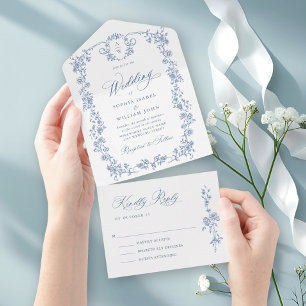 Victorian Ornate Grace Floral Dusty Blue Wedding All In One Invitation