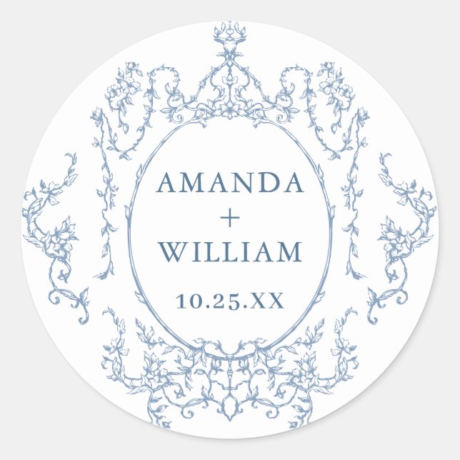 Victorian Ornate Grace Floral Dusty Blue Wedding Classic Round Sticker (Front)