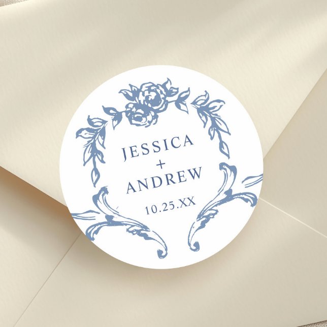 Victorian Ornate Grace Floral Dusty Blue Wedding Classic Round Sticker (Creator Uploaded)