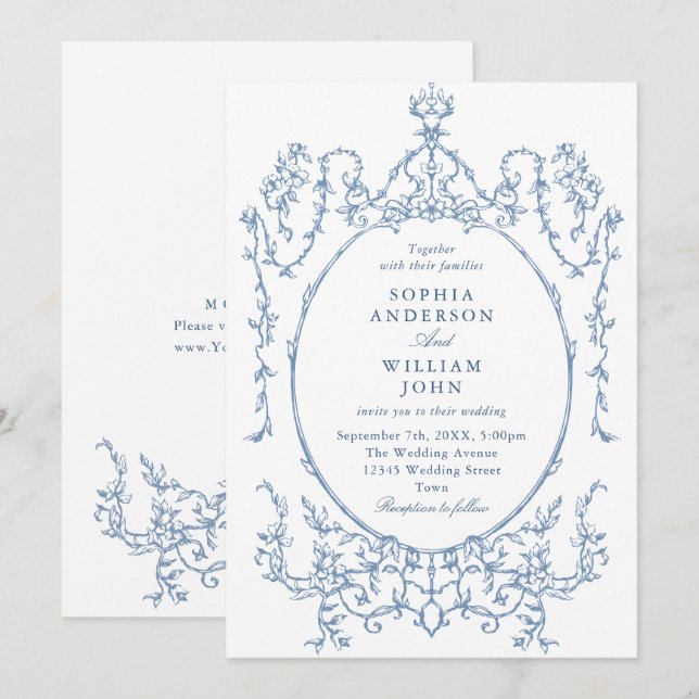 Victorian Ornate Grace Floral Dusty Blue Wedding Invitation (Front/Back)