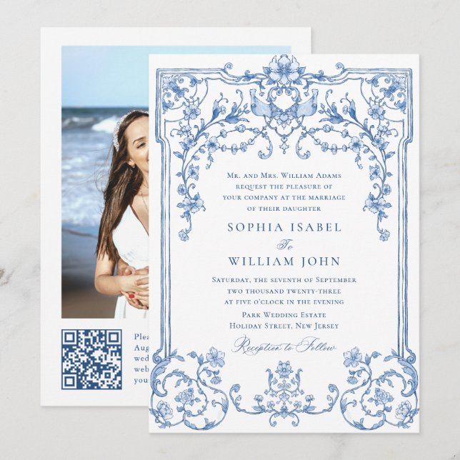 Victorian Ornate Grace Floral Dusty Blue Wedding Invitation (Front/Back)