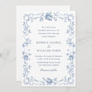Victorian Ornate Grace Floral Dusty Blue Wedding Invitation