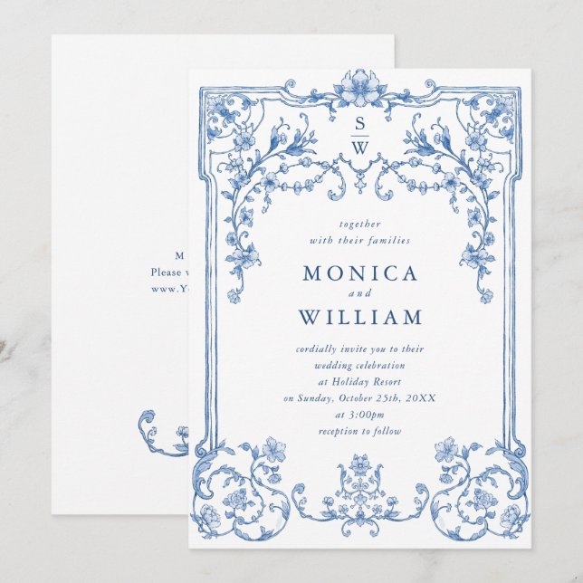 Victorian Ornate Grace Floral Dusty Blue Wedding Invitation (Front/Back)