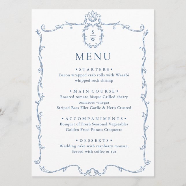 Victorian Ornate Grace Floral Dusty Blue Wedding Menu (Front)