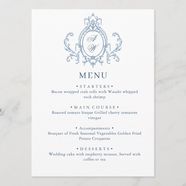 Victorian Ornate Grace Floral Dusty Blue Wedding Menu (Front)