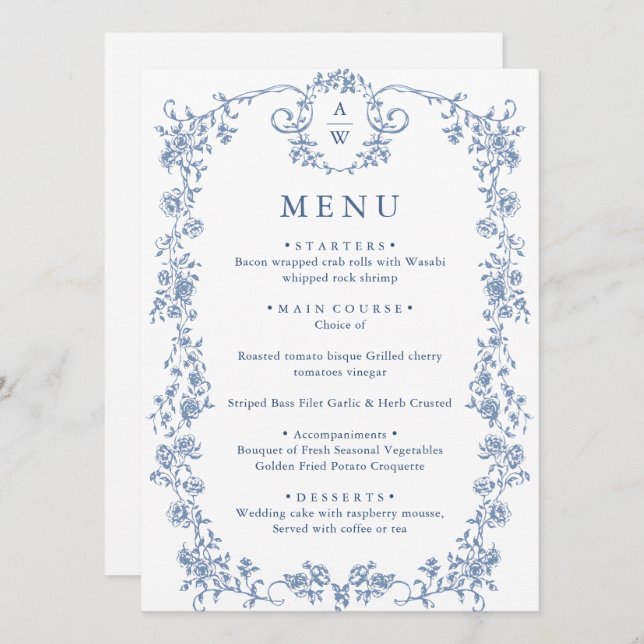 Victorian Ornate Grace Floral Dusty Blue Wedding Menu (Front/Back)