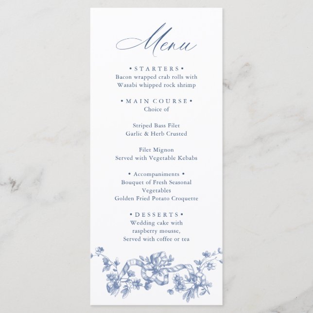 Victorian Ornate Grace Floral Dusty Blue Wedding Menu (Front)