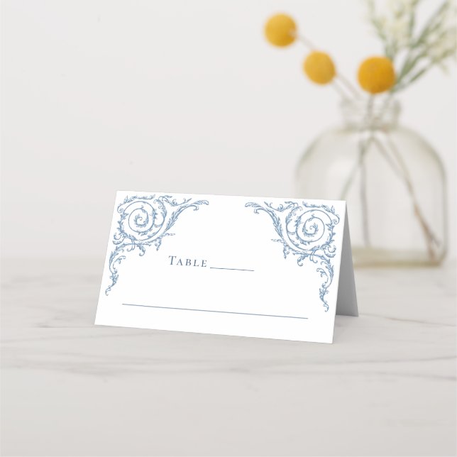 Victorian Ornate Grace Floral Dusty Blue Wedding Place Card (Front)
