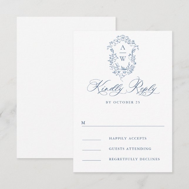 Victorian Ornate Grace Floral Dusty Blue Wedding RSVP Card (Front/Back)